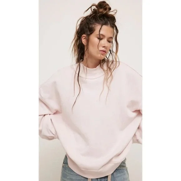 WE THE FREE Pink Mock Neck Ribbed Long Sleeve Oversized Sweatshirt Women S - Picture 3 of 10